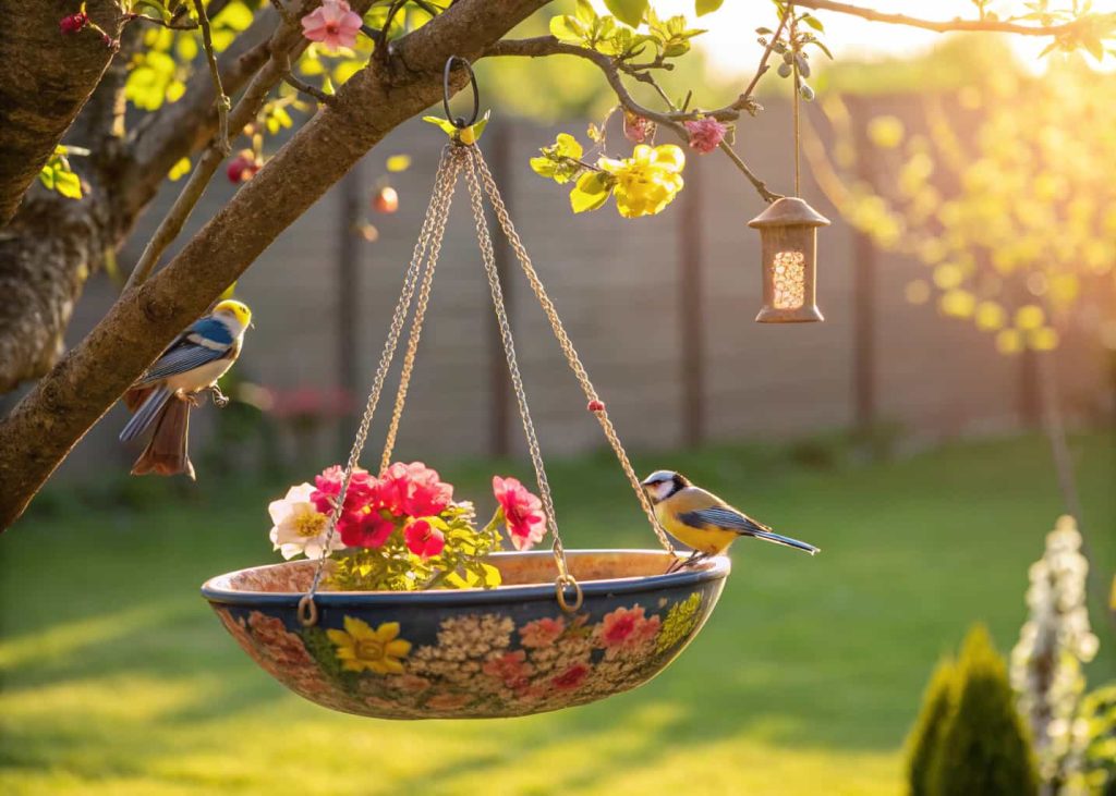 Colorful hanging bird bath on tree branch with small birds around, sunny backyard, cozy feel.”