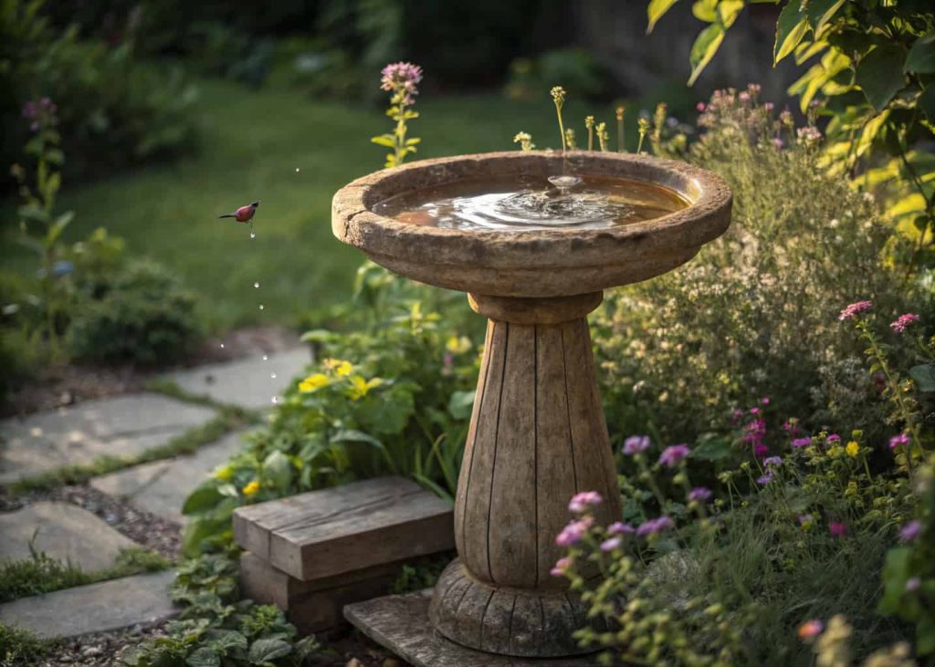 Rustic wooden bird bath surrounded by green plants and small flowers, peaceful backyard.”