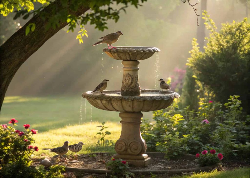 Elegant three-tiered bird bath in lush garden, birds drinking, sunlight filtering through trees.”