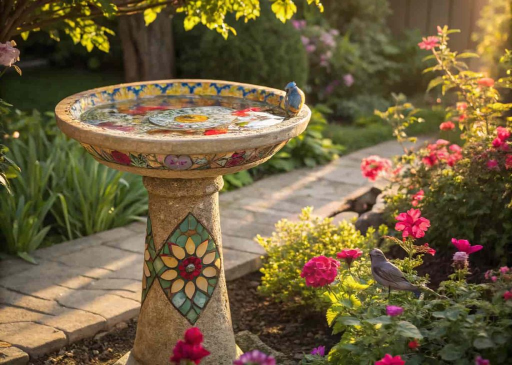 Colorful mosaic bird bath with small tiles, surrounded by flowers and greenery in sunny garden.”