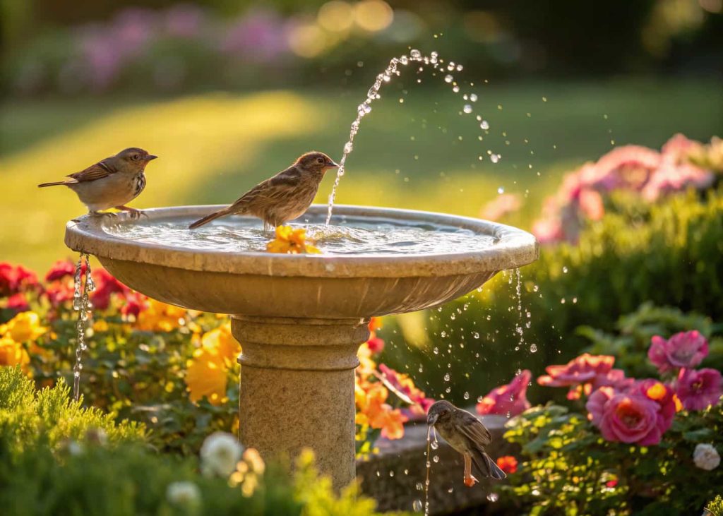 “Solar fountain bird bath with flowing water, small birds bathing, garden with flowers, sunny day.”