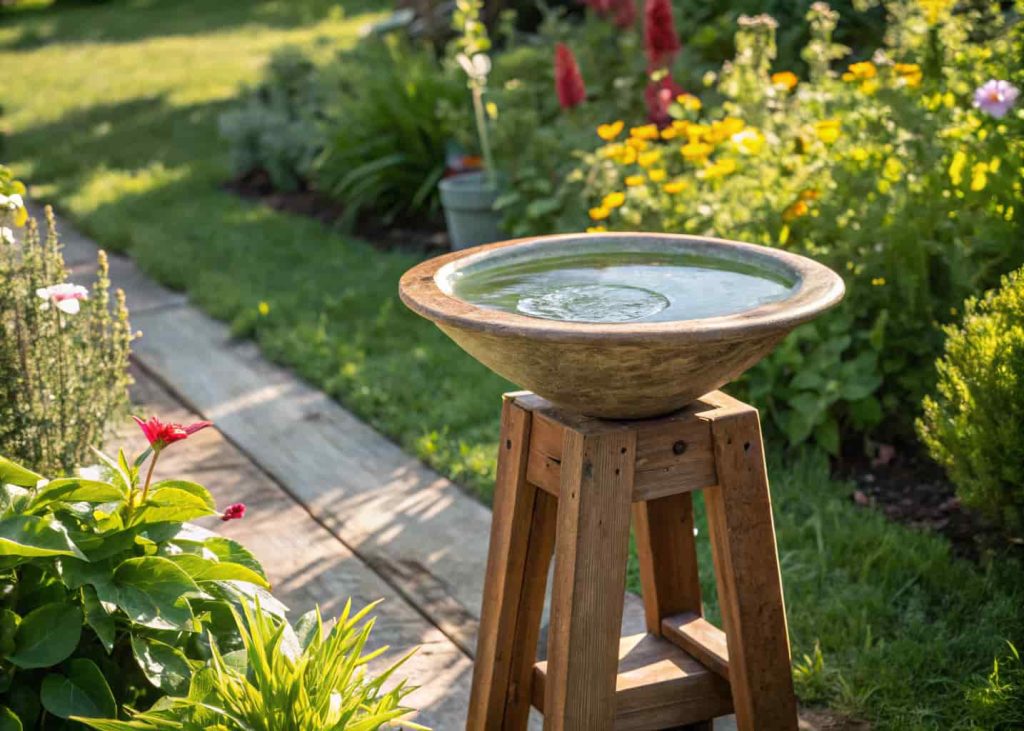 DIY bird bath made from recycled bowl and wooden stand, surrounded by garden plants, sunny backyard.”