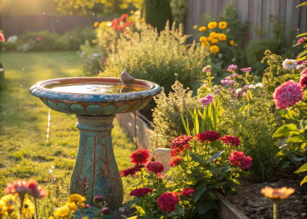 Glazed ceramic bird bath in garden with flowers, colorful, bright sunny backyard.”