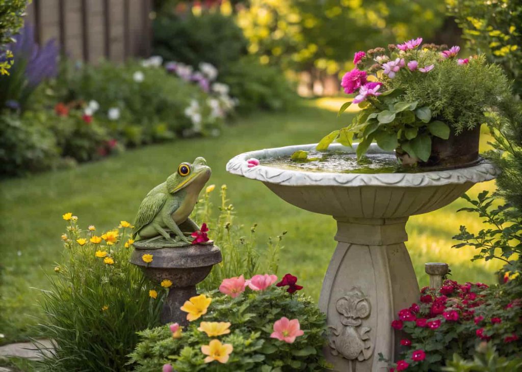 Frog-shaped bird bath in garden, surrounded by greenery and flowers, playful backyard scene.”