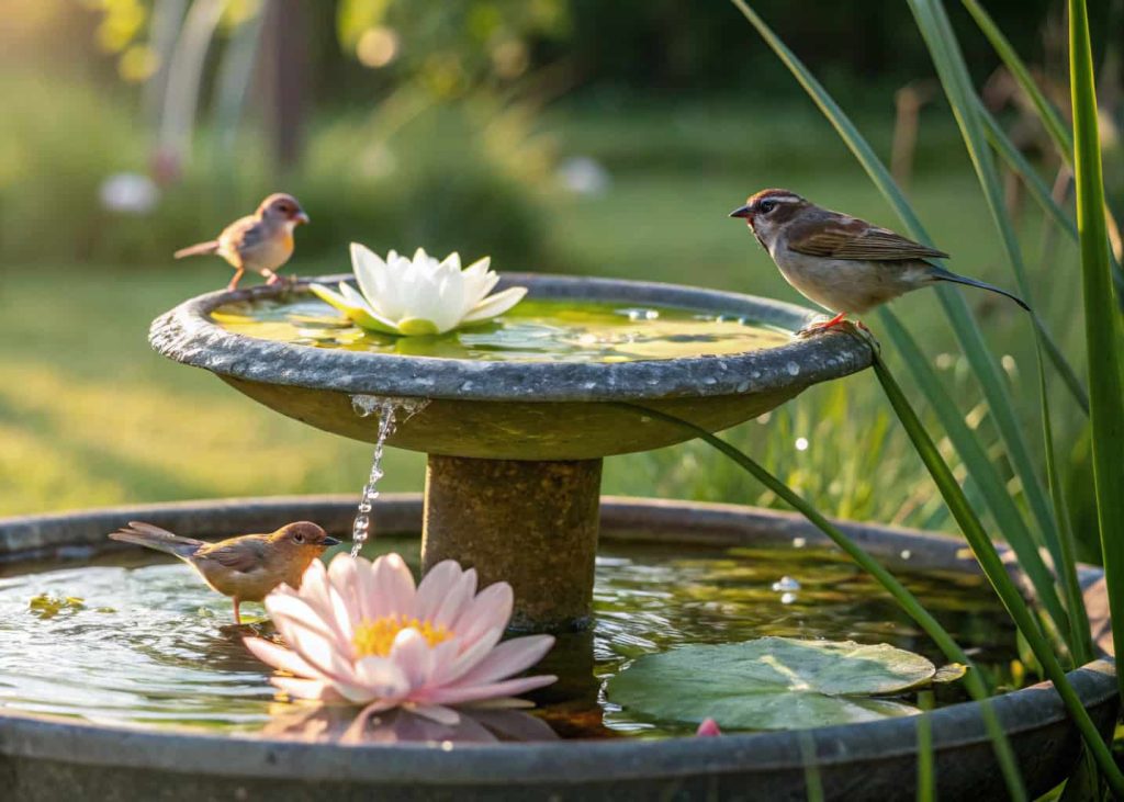 Floating bird bath on small garden pond, birds drinking, water lilies, sunny peaceful backyard.”