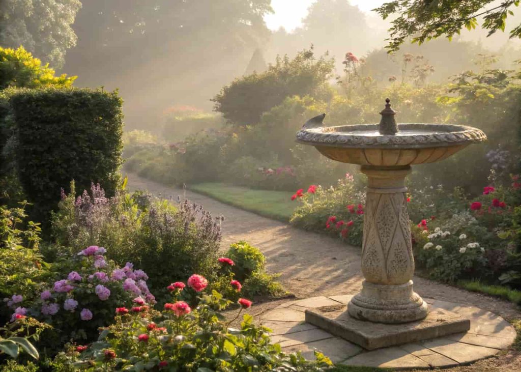 Stone pedestal bird bath in garden, surrounded by flowers and shrubs, sunny outdoor scene.”