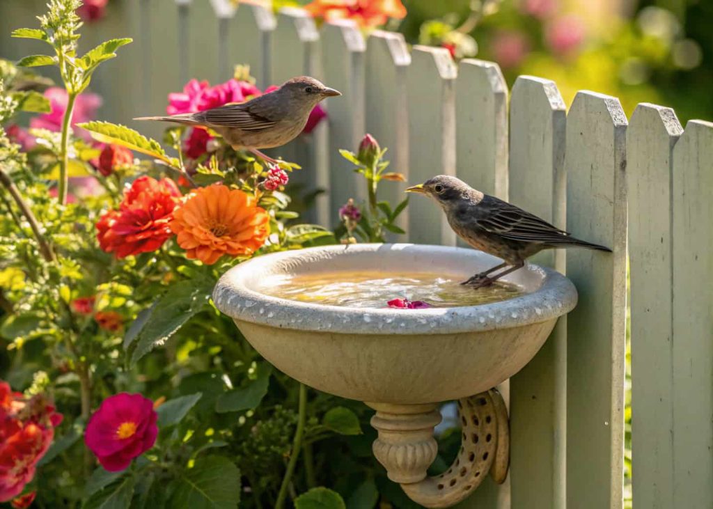 Wall-mounted ceramic bird bath on garden fence, flowers around, birds drinking, bright sunny day.”