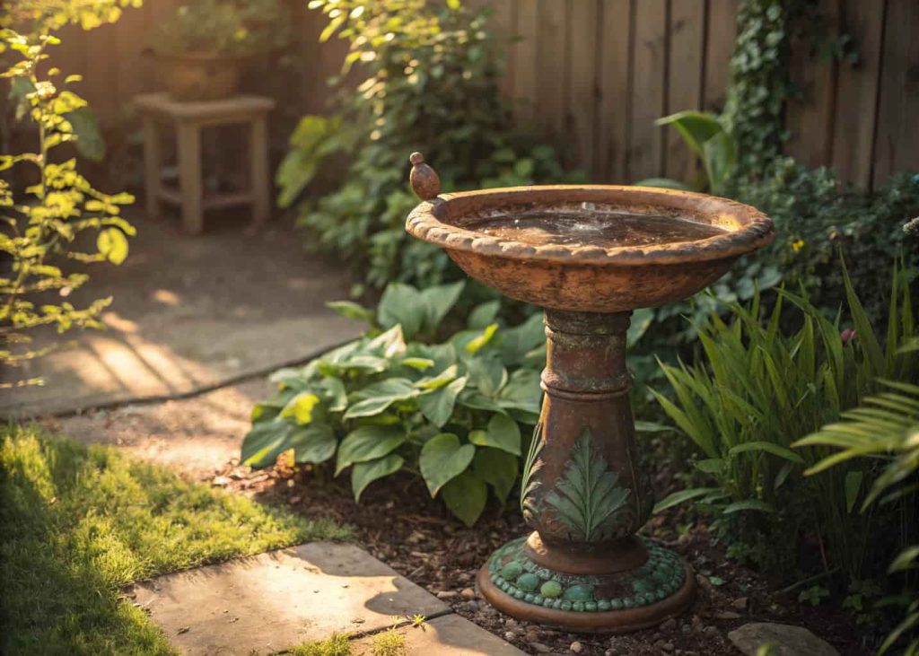 Rustic copper bird bath with natural patina, surrounded by green plants, sunny backyard.”