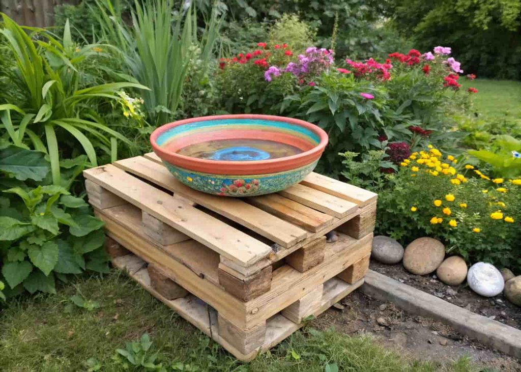DIY bird bath made from wooden pallet and colorful bowl, surrounded by garden plants and flowers.”