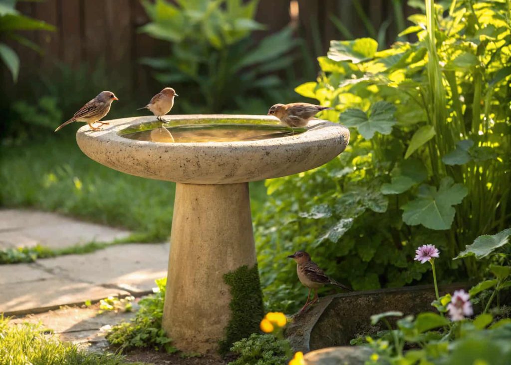 “Simple concrete bird bath in a sunny backyard, surrounded by green plants and small birds drinking water.”