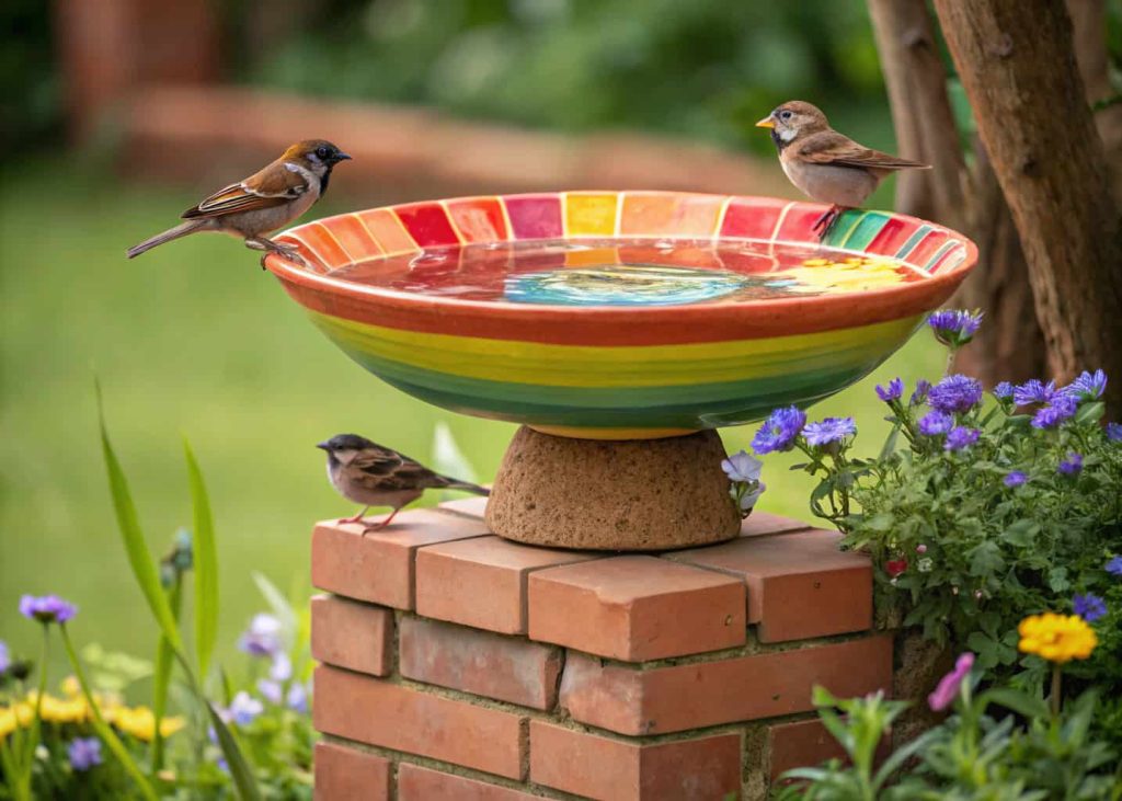 Colorful upcycled bowl bird bath on a brick stand in a garden with small birds perched around it.”