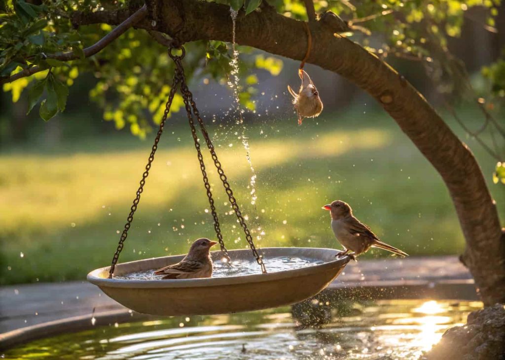 Hanging bird bath from a tree branch with small birds splashing in water on a sunny day.”