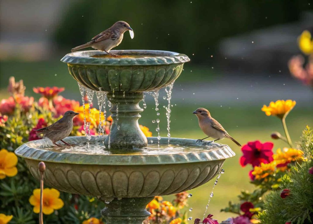 Tiered bird bath fountain with flowing water surrounded by flowers and small birds drinking.”