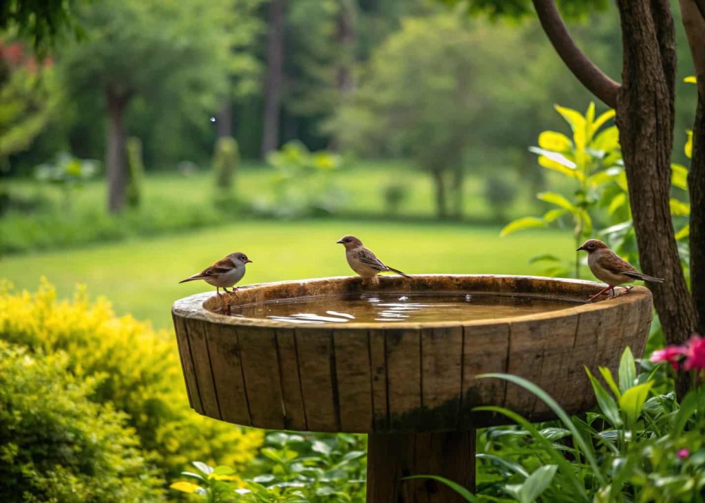 Rustic wooden bird bath in a lush green backyard with small birds perched on the edge.”