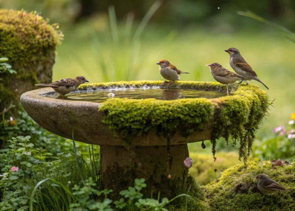Natural stone bird bath in a garden with moss, surrounded by small birds drinking water.”