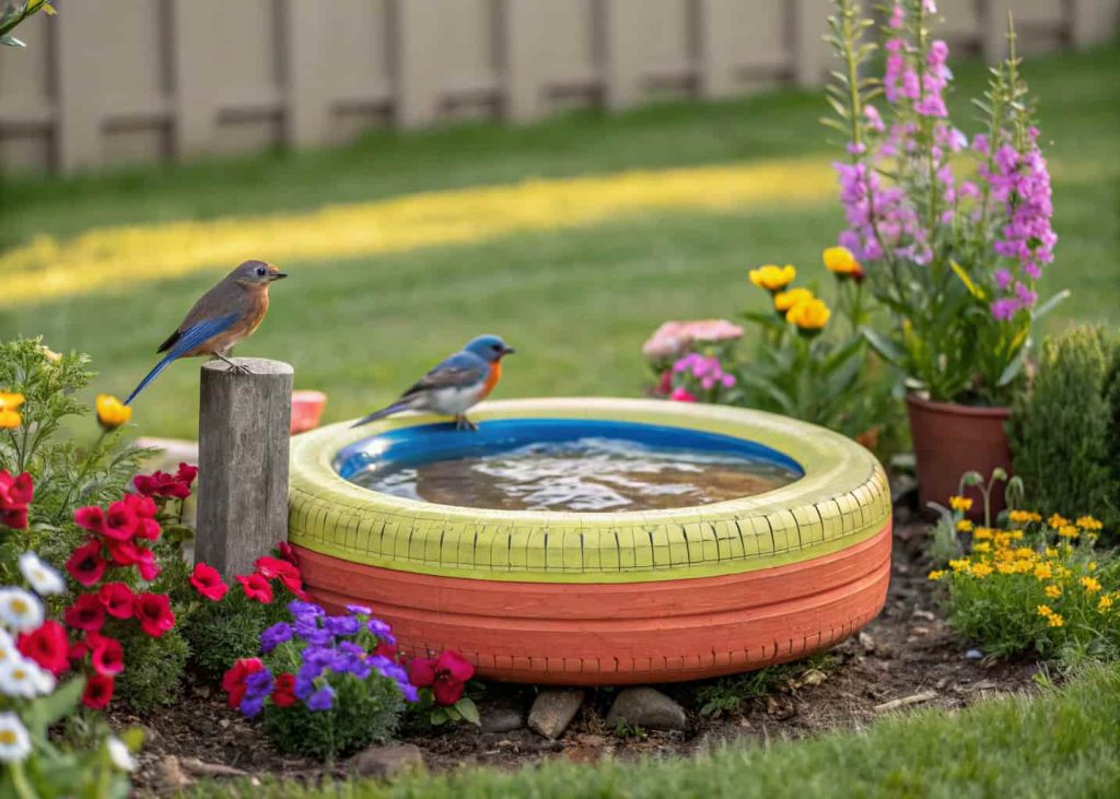 Brightly painted tire bird bath in a backyard with flowers and birds drinking from it.”
