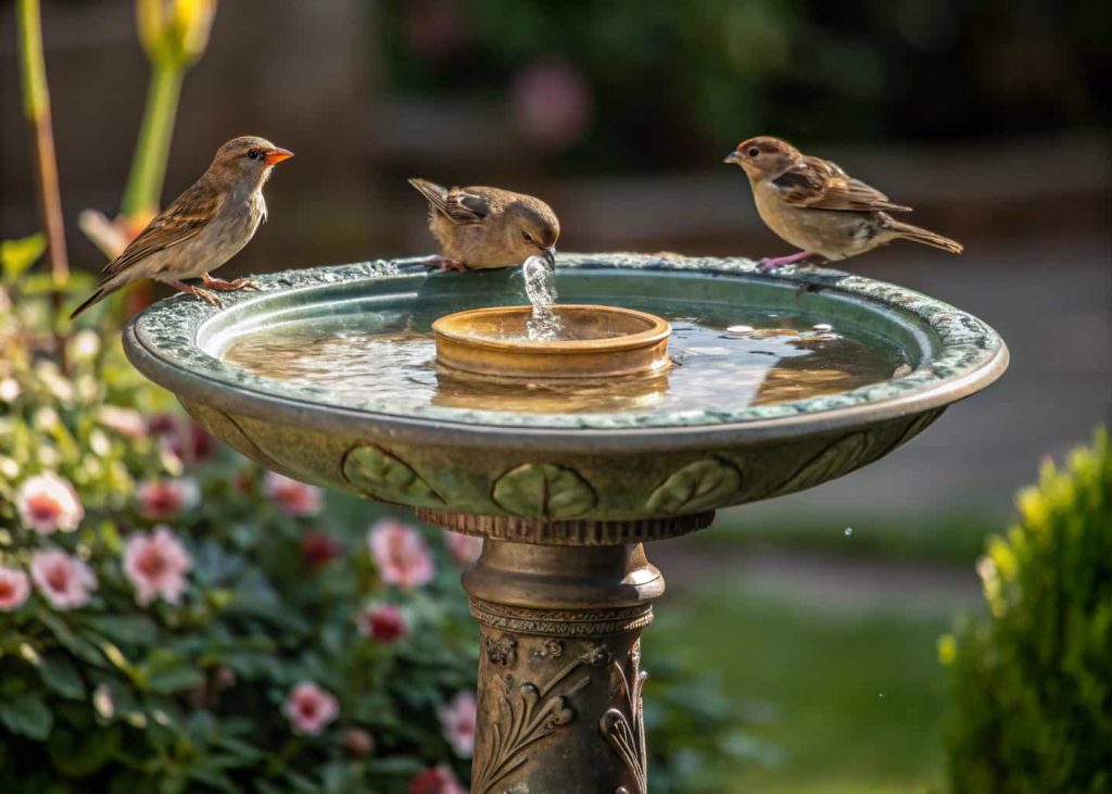 Bird bath made from repurposed vintage lamp base with shallow water dish on top, surrounded by small birds.”