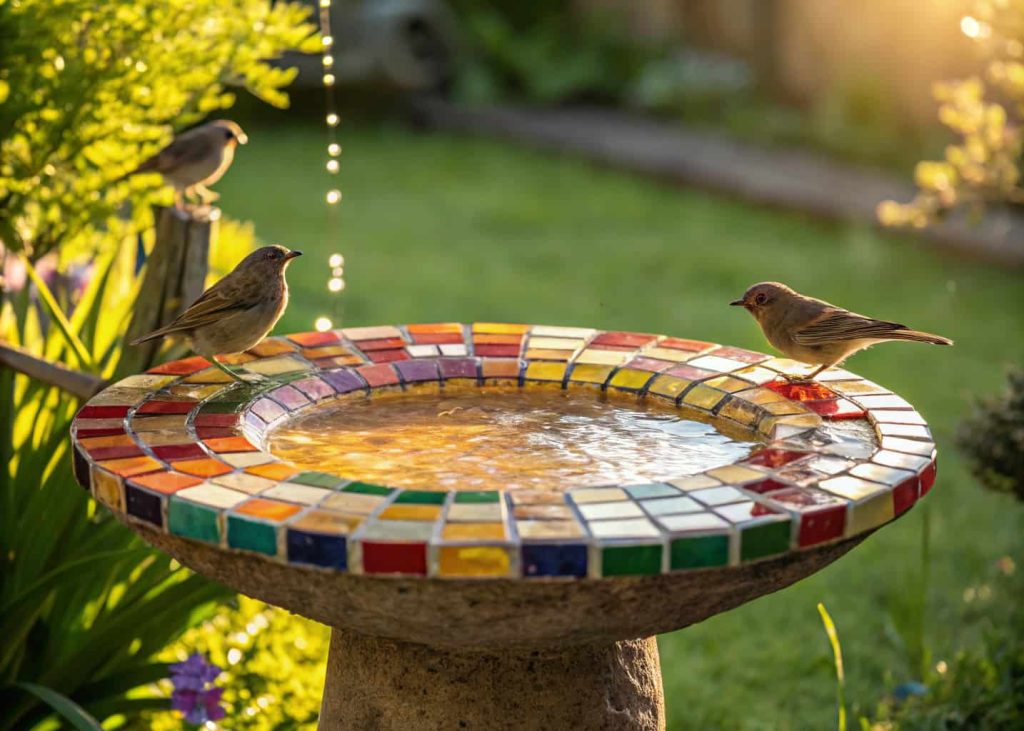 “Colorful mosaic bird bath in a garden with sunlight reflecting off tiles and small birds drinking.”