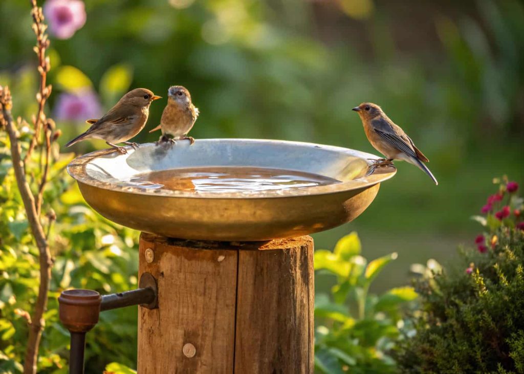 Shiny metal bird bath on a wooden stand in a garden with small birds perched and drinking.”