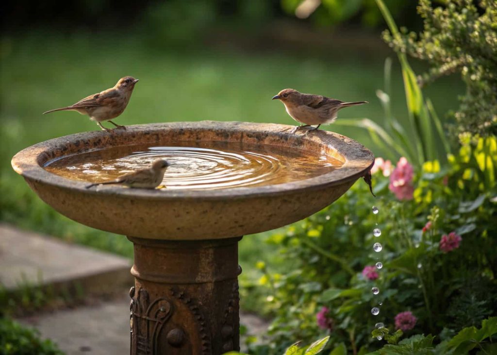 Shallow bird bath on an old plant stand with small birds drinking in a garden.”