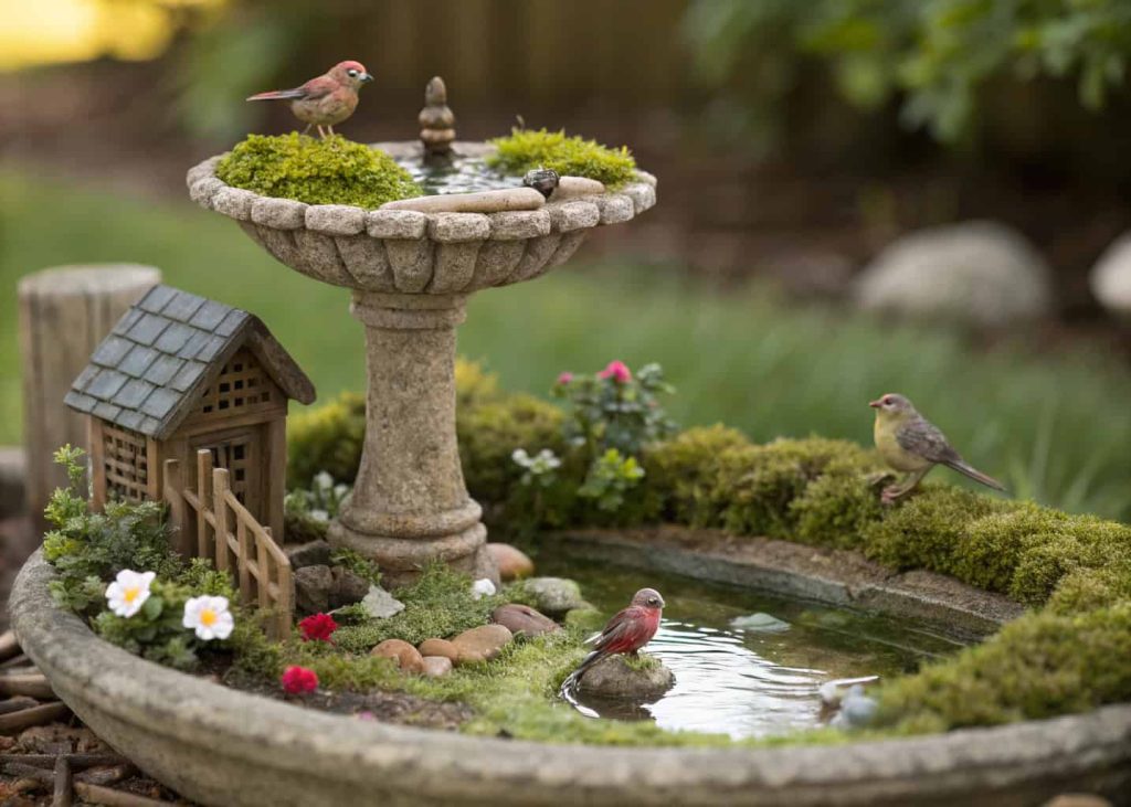 Mini fairy garden bird bath with tiny figurines, moss, and small birds drinking in a backyard.”