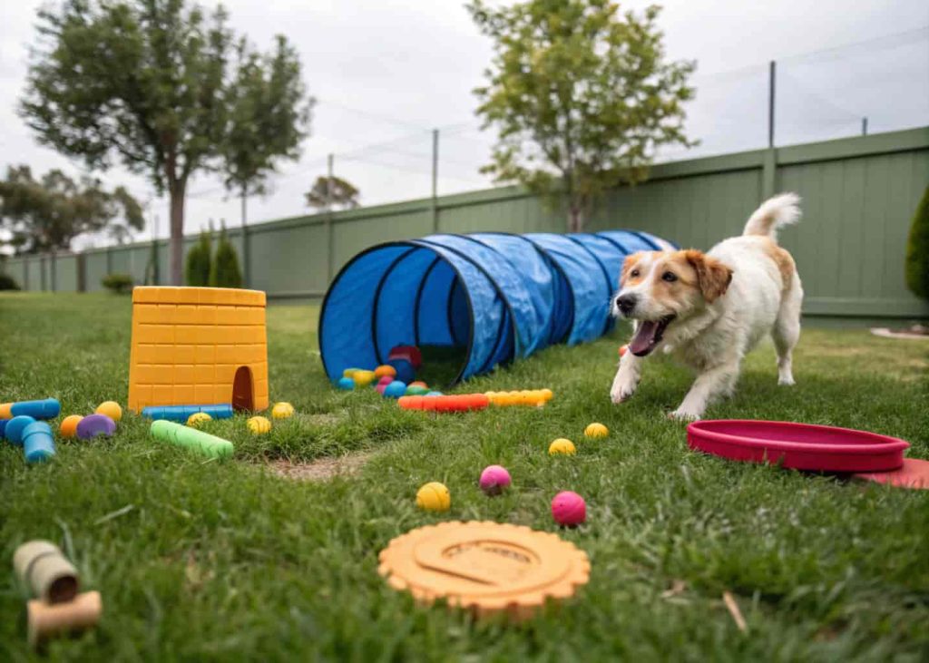 Dog exploring a backyard with a small treat puzzle and tunnels.