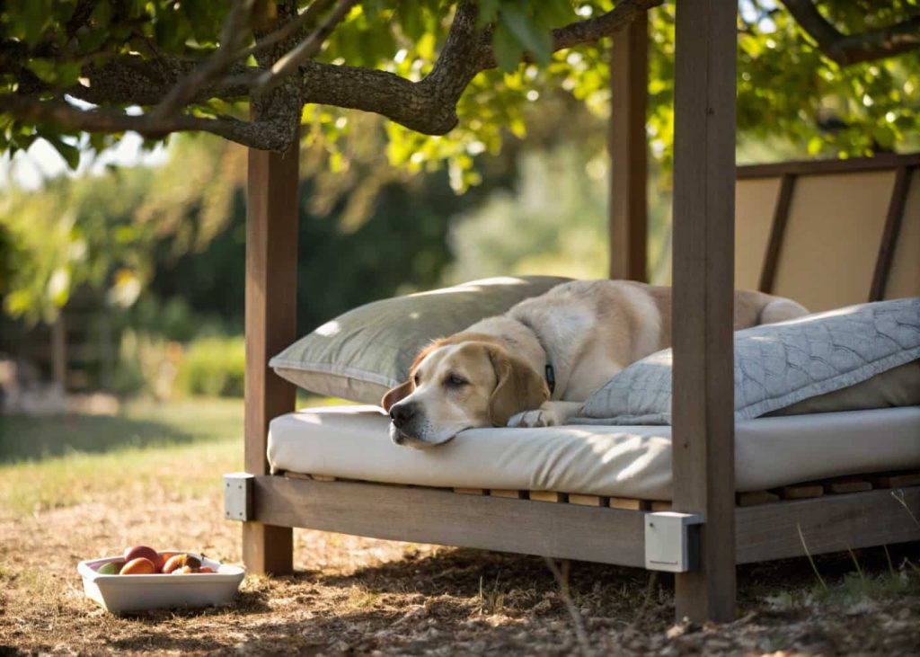 Dog resting on a raised outdoor dog bed under a tree with soft cushions.