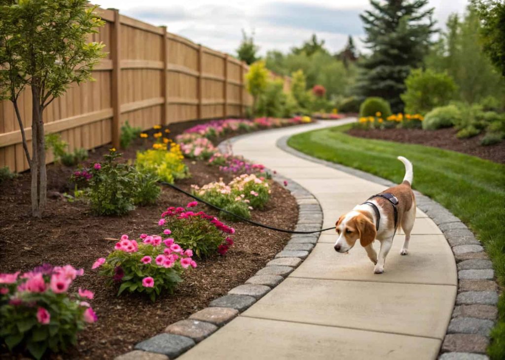 Dog walking on a curved backyard path lined with flowers and mulch