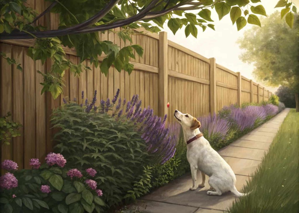 Dog sniffing a backyard hedge made of lavender and bamboo along a wooden fence