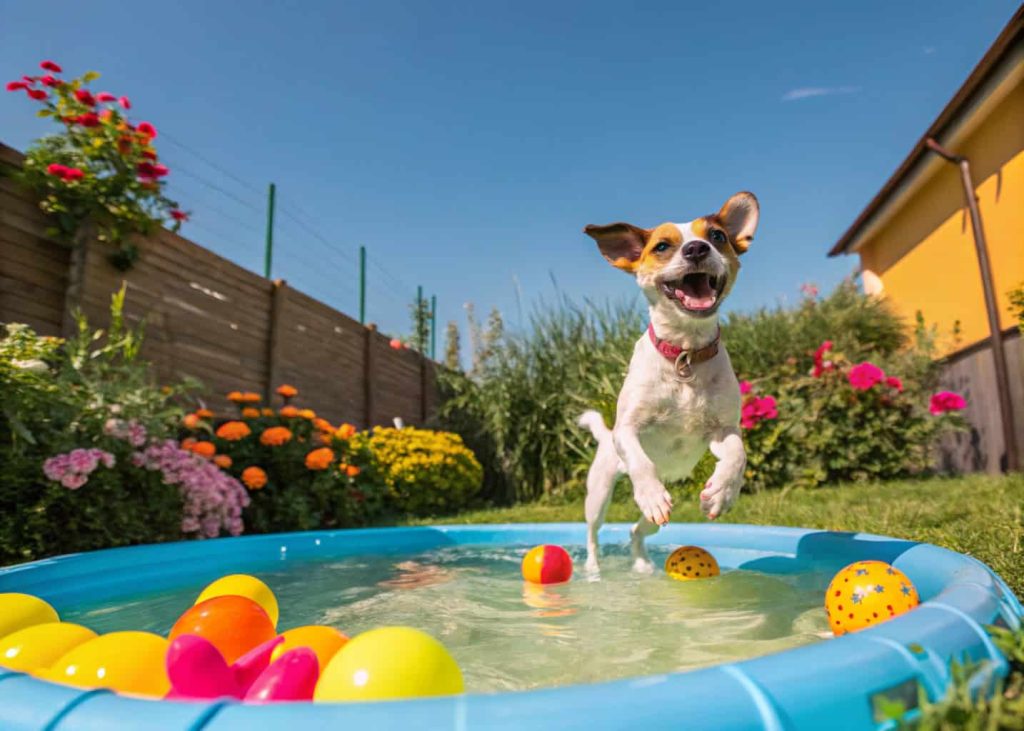 Small dog jumping into a colorful shallow backyard pool on a sunny day