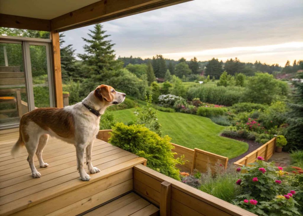 Dog standing on a raised wooden platform overlooking a backyard garden