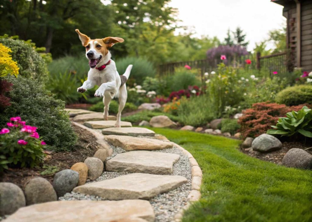 Dog jumping over smooth rocks in a landscaped backyard garden