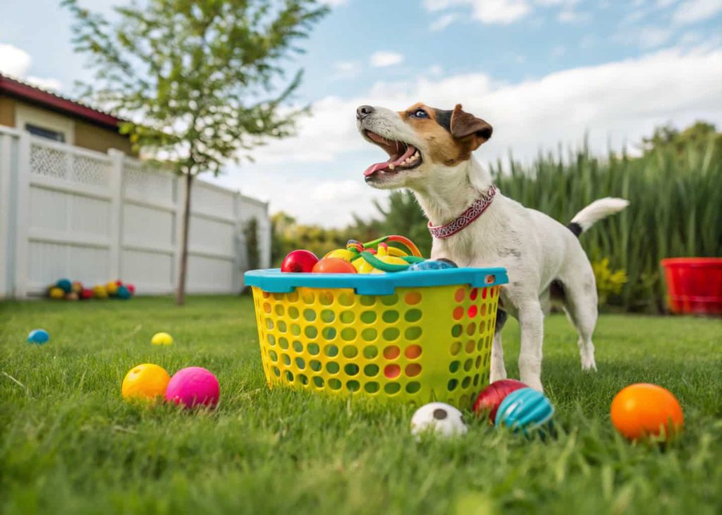 Dog selecting toys from a colorful outdoor toy basket in the backyard