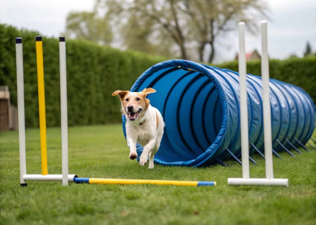 Dog running through a backyard agility tunnel with jumps nearby