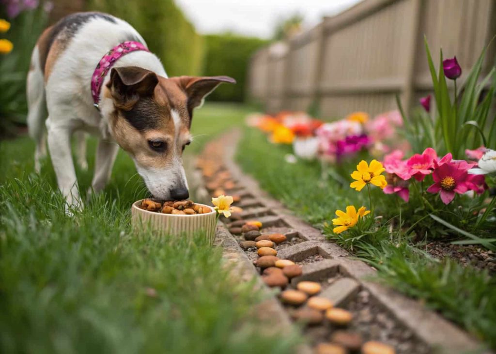 Dog sniffing a backyard trail with hidden treats along flowers and grass