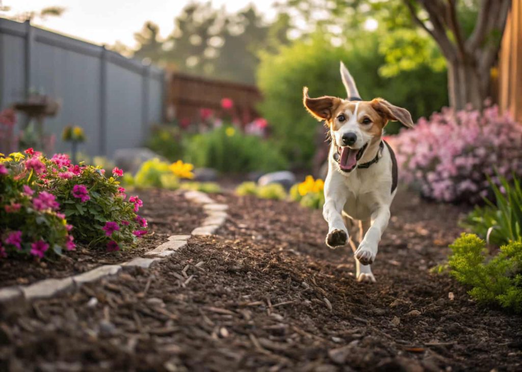 Dog running through a backyard mulch area near flowers and small shrubs