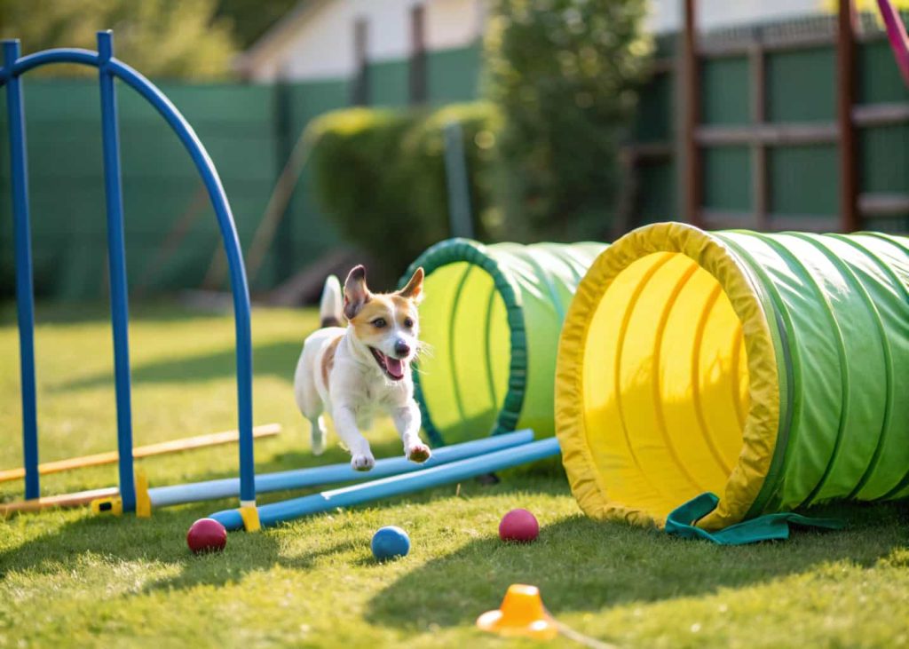 Small dog navigating a backyard mini obstacle course with ramps and tunnels