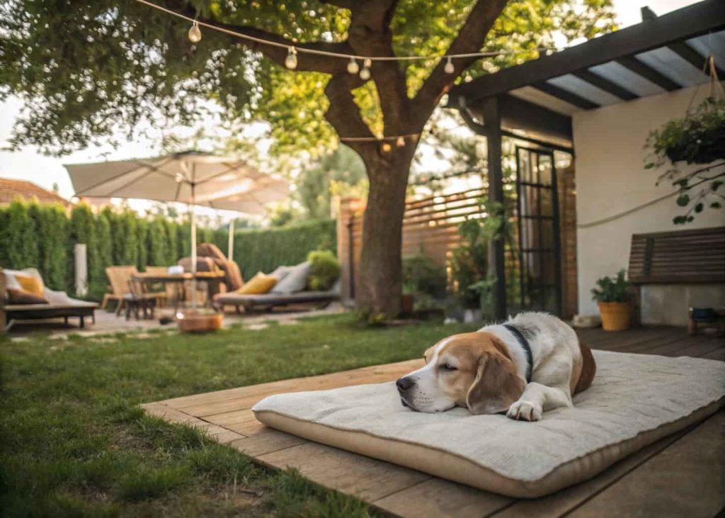 Dog lounging on a soft mat in a backyard hangout with shaded seating for humans nearby