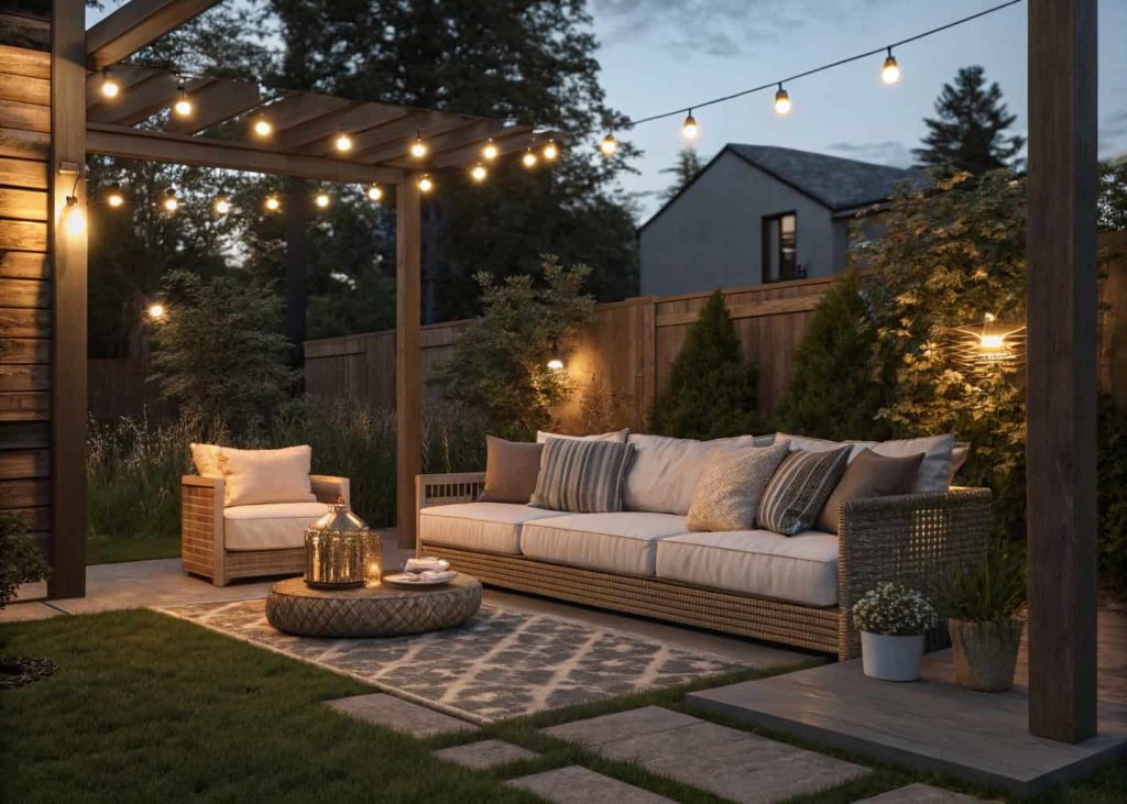 Cozy backyard seating area with outdoor sofa, cushions, and soft natural lighting