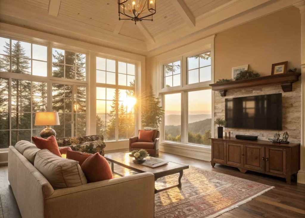 A cozy, beautifully decorated modern living room with sunlight streaming through large windows, warm tones, and a peaceful ambiance.”