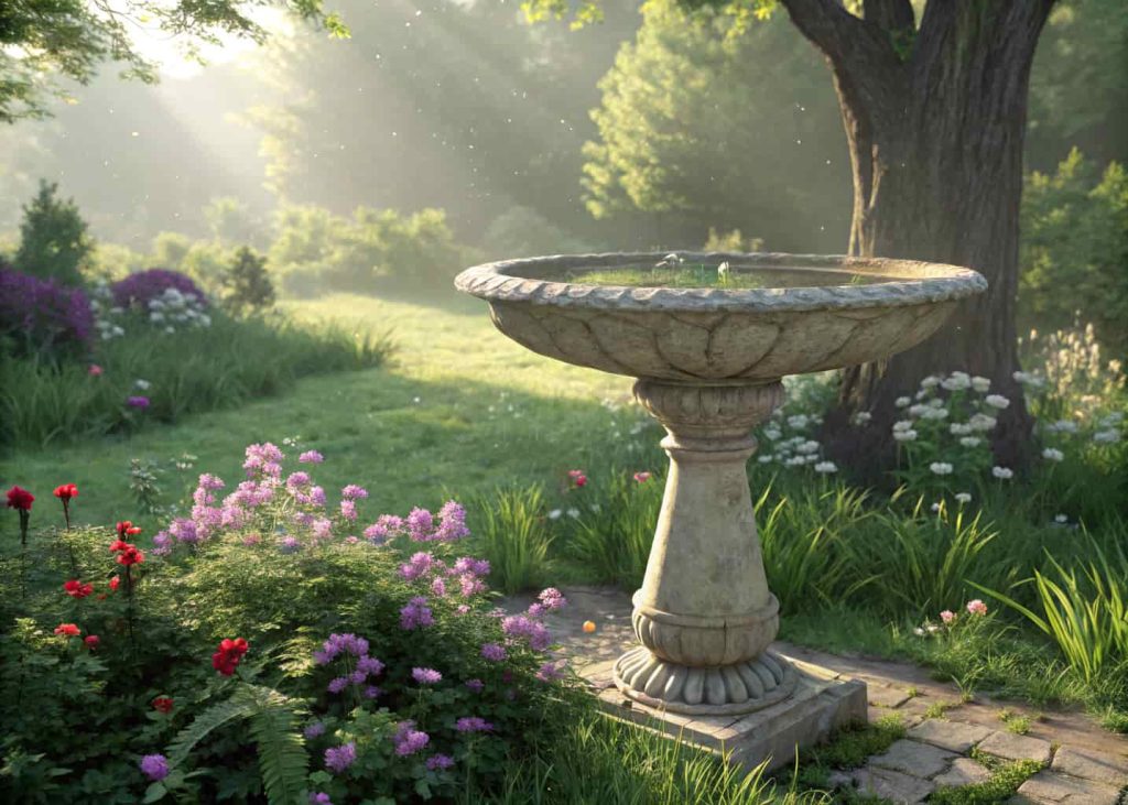 A classic stone bird bath in a lush green garden with flowers, natural sunlight, realistic style