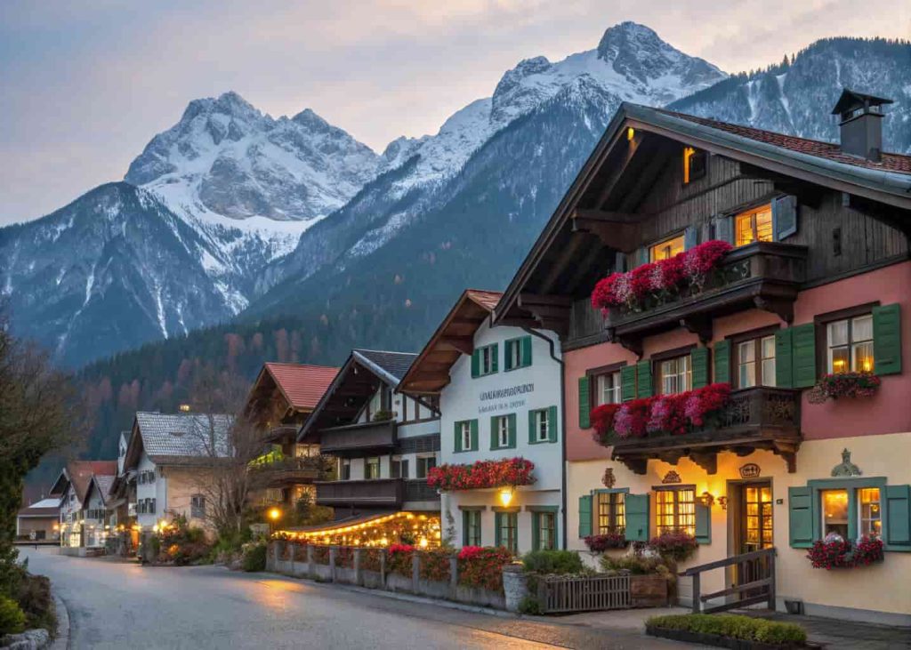 A Bavarian-style village with colorful alpine houses, flower boxes, snowy mountains in the background, and warm glowing lights