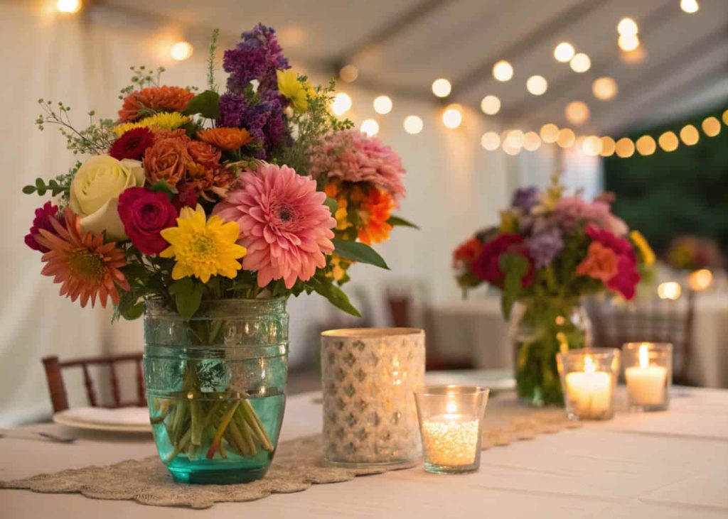 A table at an elegant event decorated with colorful floral centerpieces in mixed vases, small lights around the flowers, soft background.