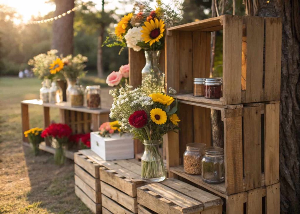 Rustic DIY flower bar with wooden crates, mason jars filled with sunflowers, daisies, and roses, outdoor wedding setup, natural lighting, warm rustic vibe.