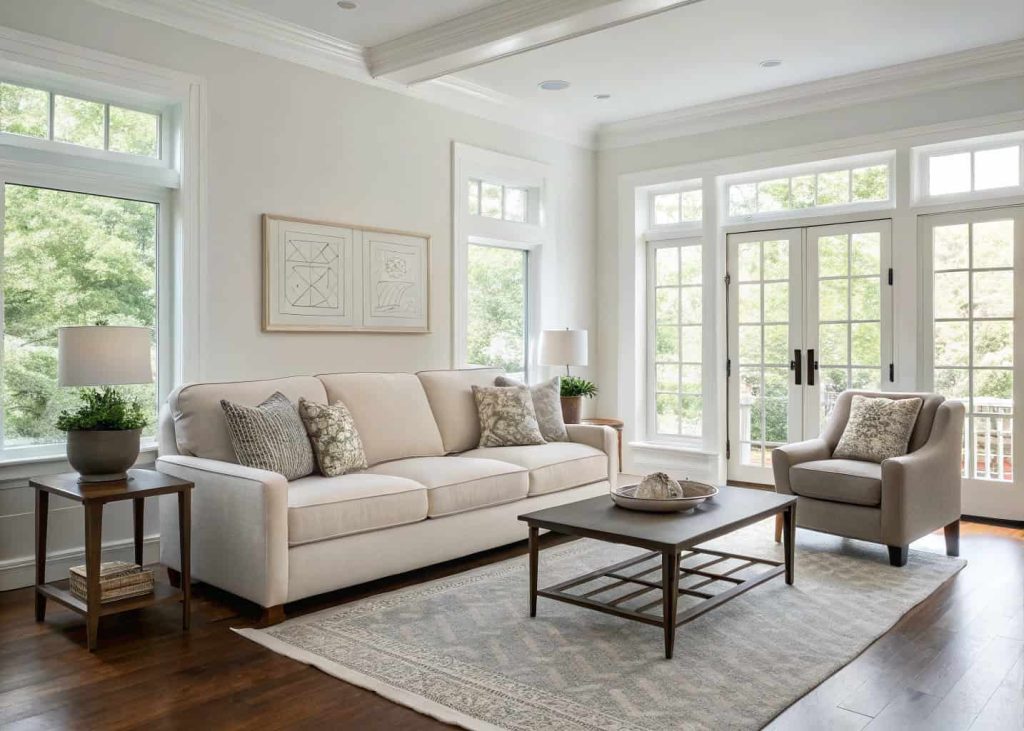 A modern living room with a comfortable sofa and simple furniture.