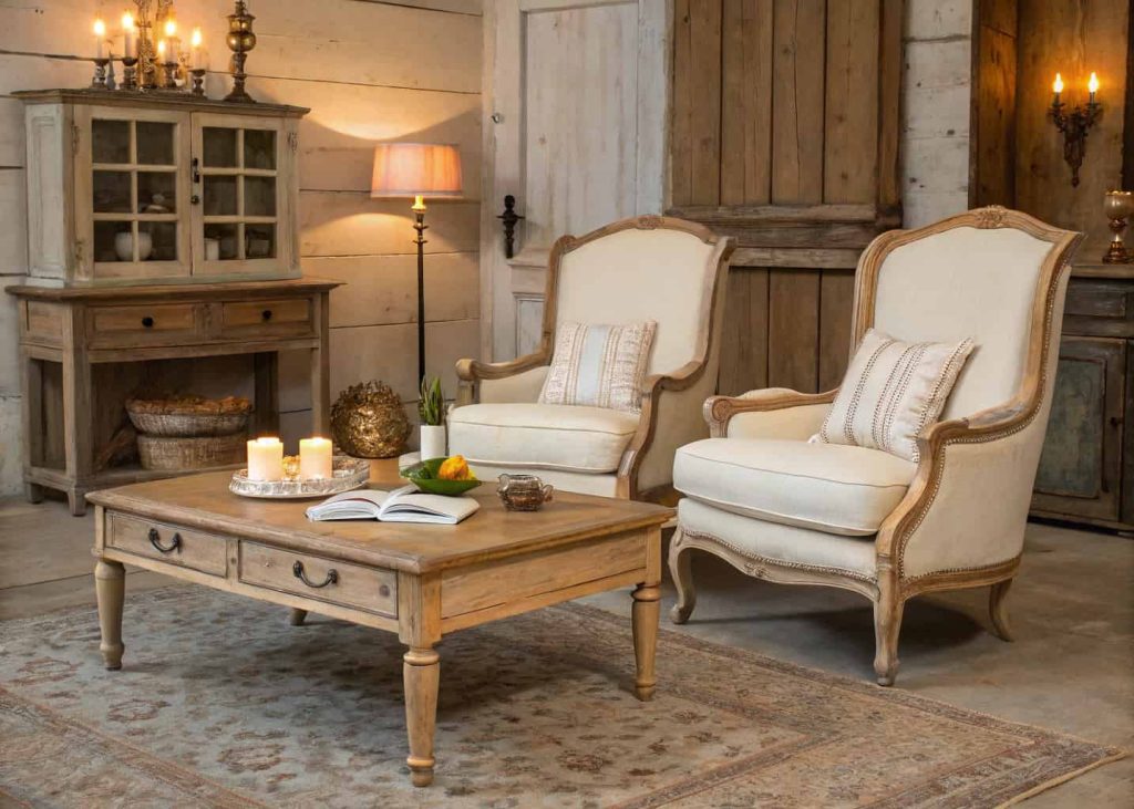 Vintage French country furniture with distressed wood finish, elegant armchairs, antique coffee table, cozy rustic interior.