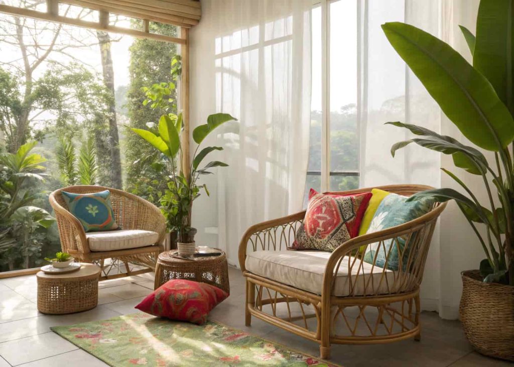 Tropical sunroom with bamboo furniture, rattan chairs, leafy green plants, colorful cushions, and sunlight filtering through airy curtains.