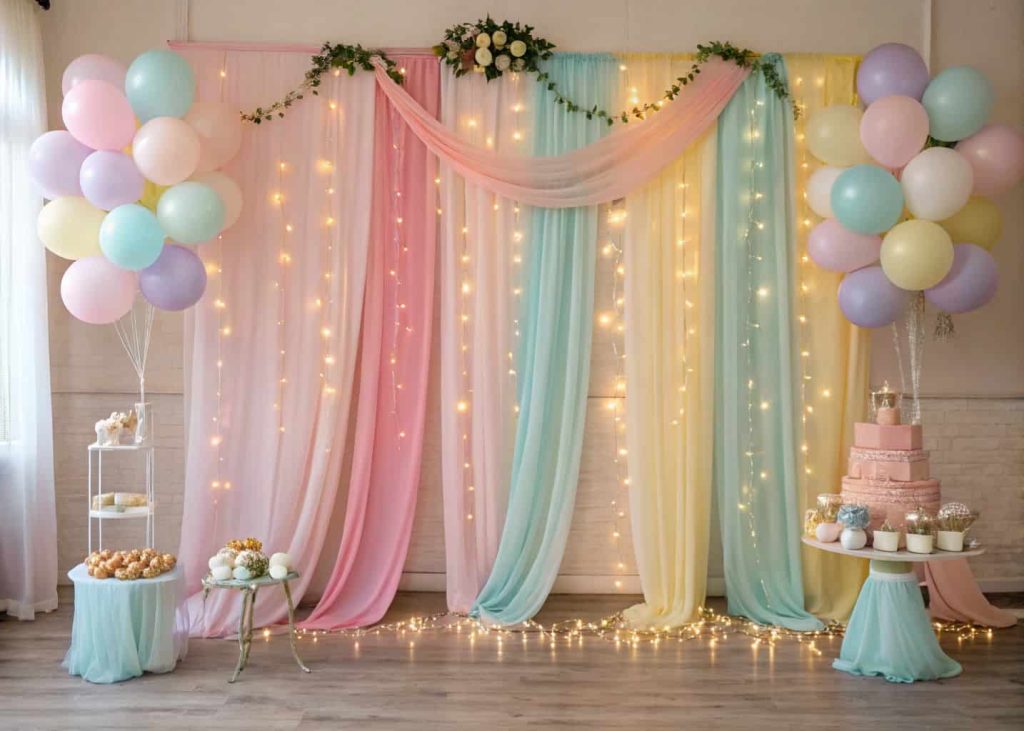 baby shower photo backdrop with fabric drapes, fairy lights, and balloons