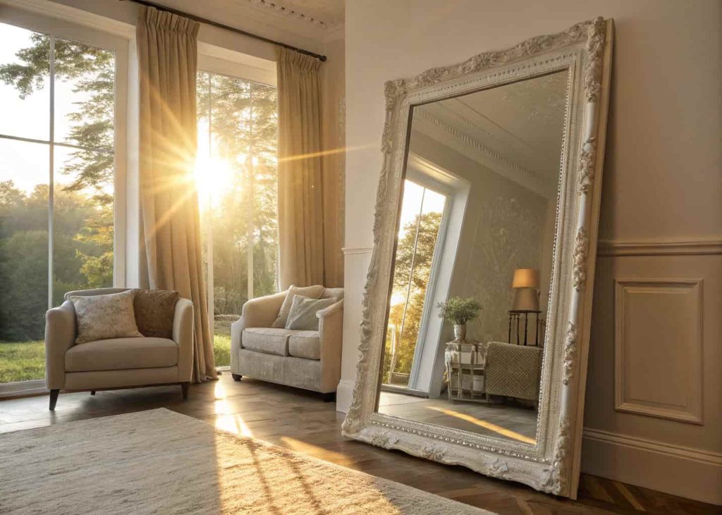 A room with a large mirror reflecting sunlight.