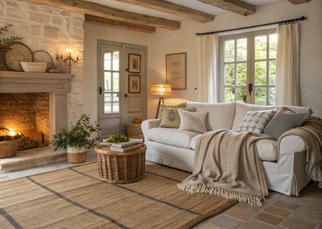 Cozy French country living room with layered textiles, linen cushions, soft throw blankets, natural fiber rug, warm lighting.